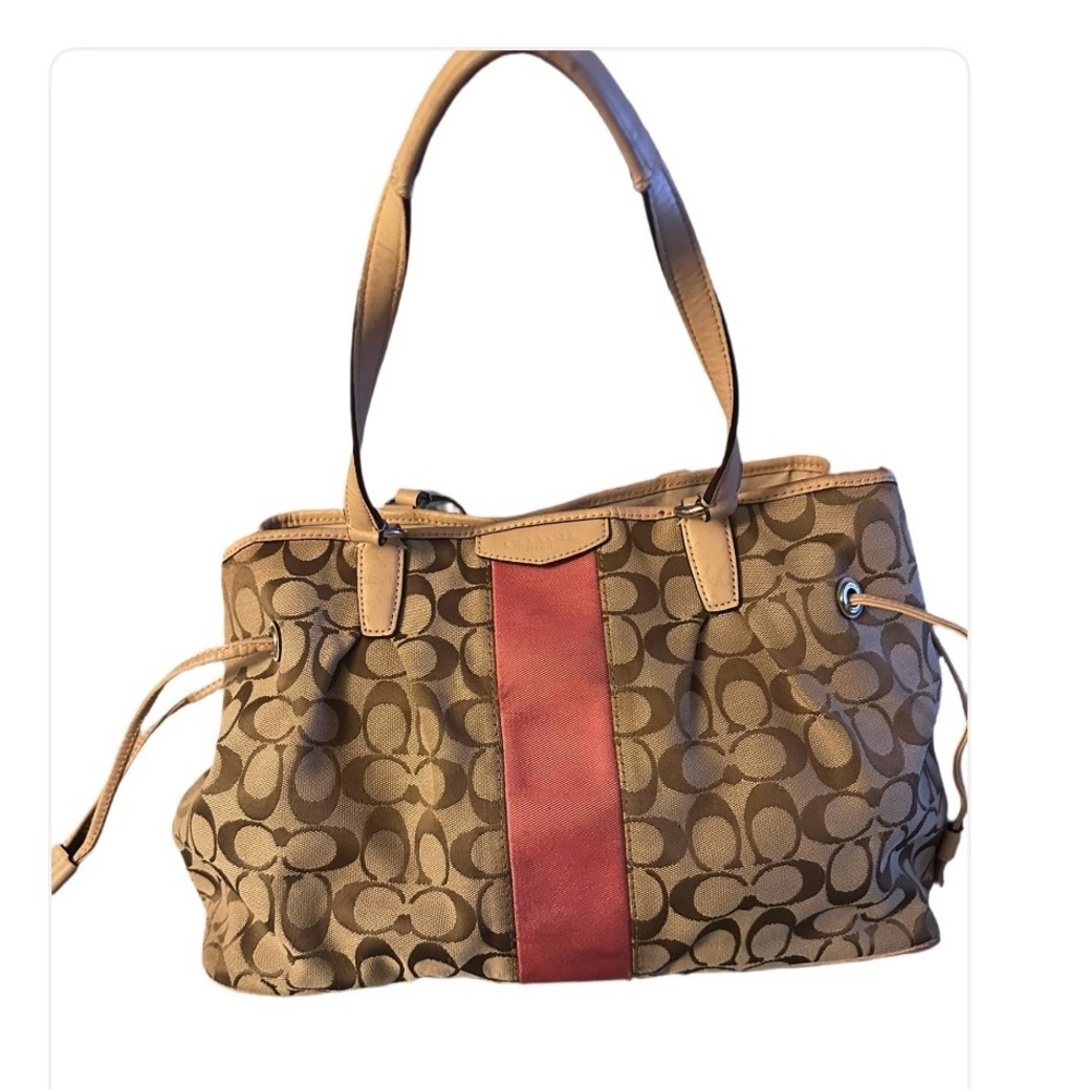 Coach Brown Signature Canvas Shoulder Bag with pink Stripe. Y2K
